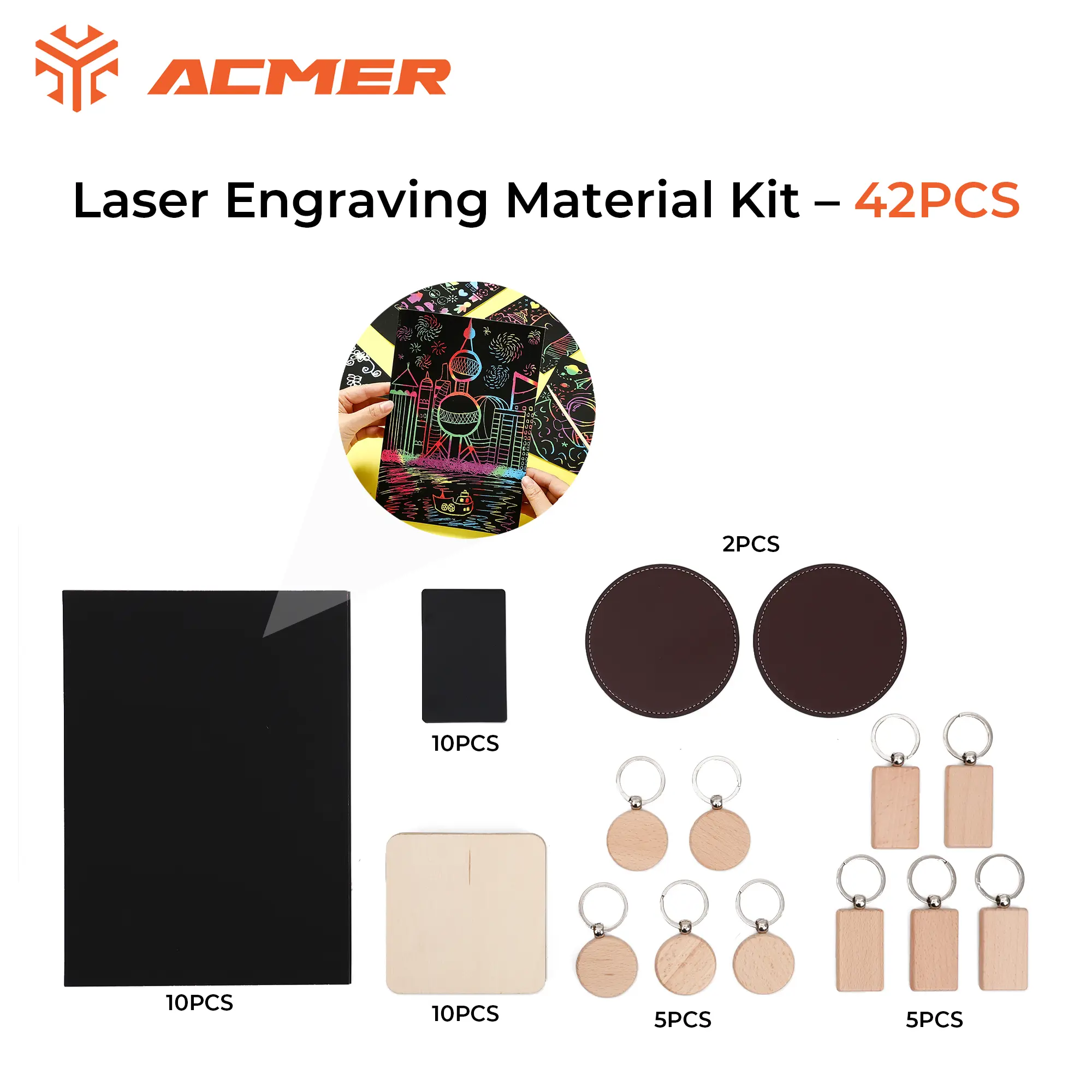 ACMER 42PCS Laser Engraving Material Kit – Wood, Metal & Scratch Paper Bundle