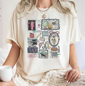 Comfort Colors Teacher Life Collage Shirt, Teacher Stamp Shirt, Librarian Scrapbook Shirt, Grandma Core Teach, Cottagecore School, Antique Teacher Gift