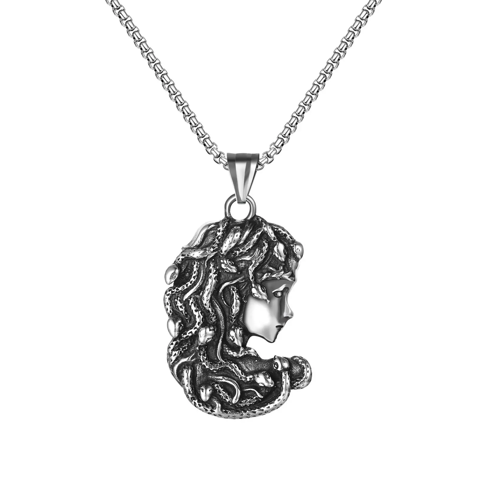OIDEA Stainless Steel Jewelry, Vintage Greek Mythology Medusa Side Profile Necklace, Tarnish-Free Unisex Wear Gift for Valentine's Day, 1.76 Inches, 1.76" X 1.11", Birthday, Anniversary, Casual Wear, Medal Pendant, Bold Medallion, Single Chain, Chain & Li
