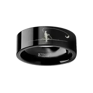 Hunting Landscape Scene - Fly Fishing Fishermen Fish Ring - Laser Engraved - Flat Tungsten Ring - 4mm - 6mm - 8mm - 10mm - 12mm