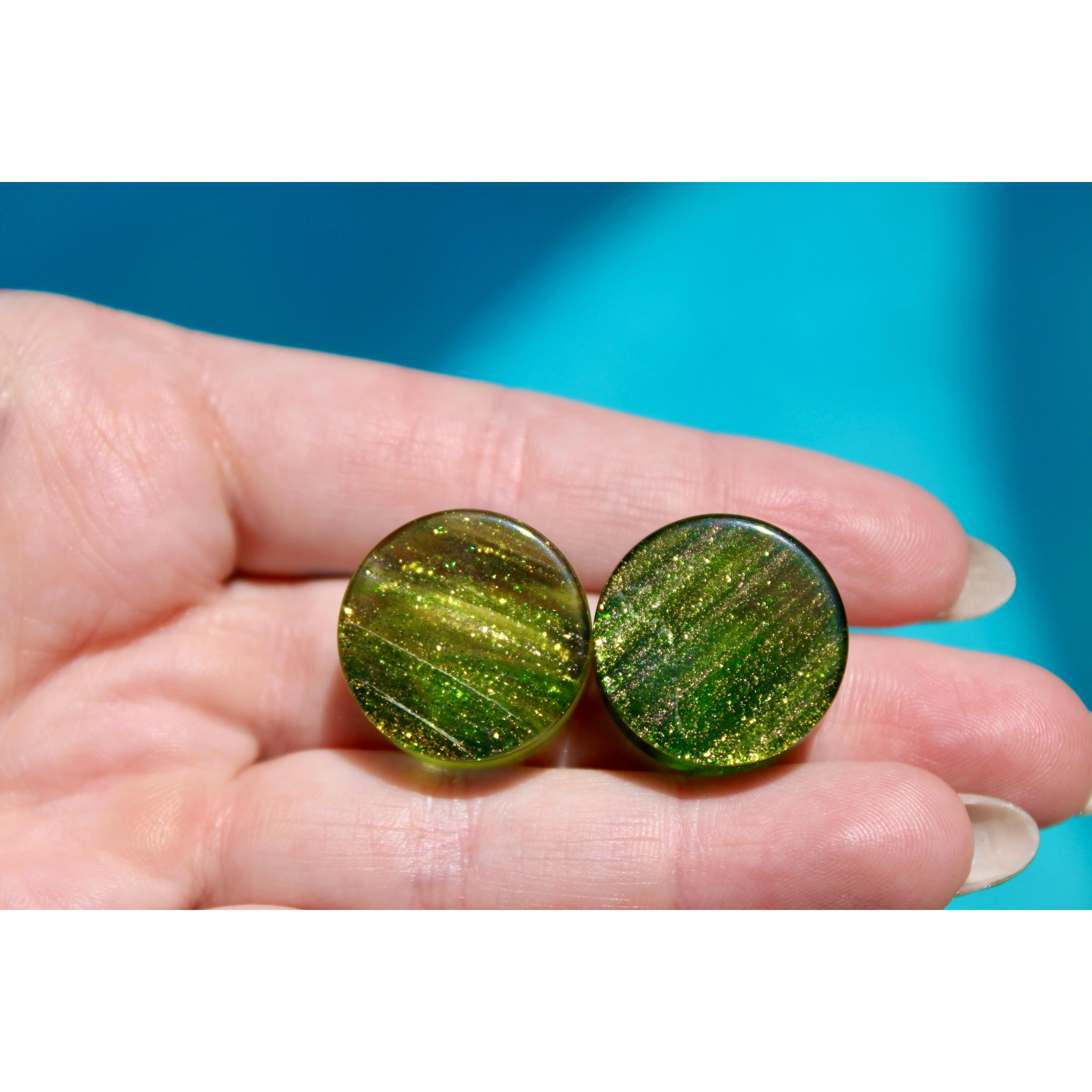 Galactic Swirl Glass Green and Gold Double Flare for Gauged Ears
