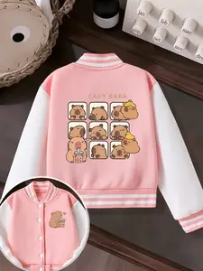 Cute Capybara Cartoon Print Baseball Casual Comfy Fitted Design Jacket for Girls, Unique Print, Casual Sportswear for Spring & Fall, Ages 4-14y, Perfect Birthday Gift