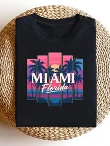 Miami Florida Sun Palm Trees Men'S Summer Short Sleeved T Shirt Fashion Trend Printed Men'S Base Shirt Men'S Spring And Summer Round Neck Casual Versatile Top