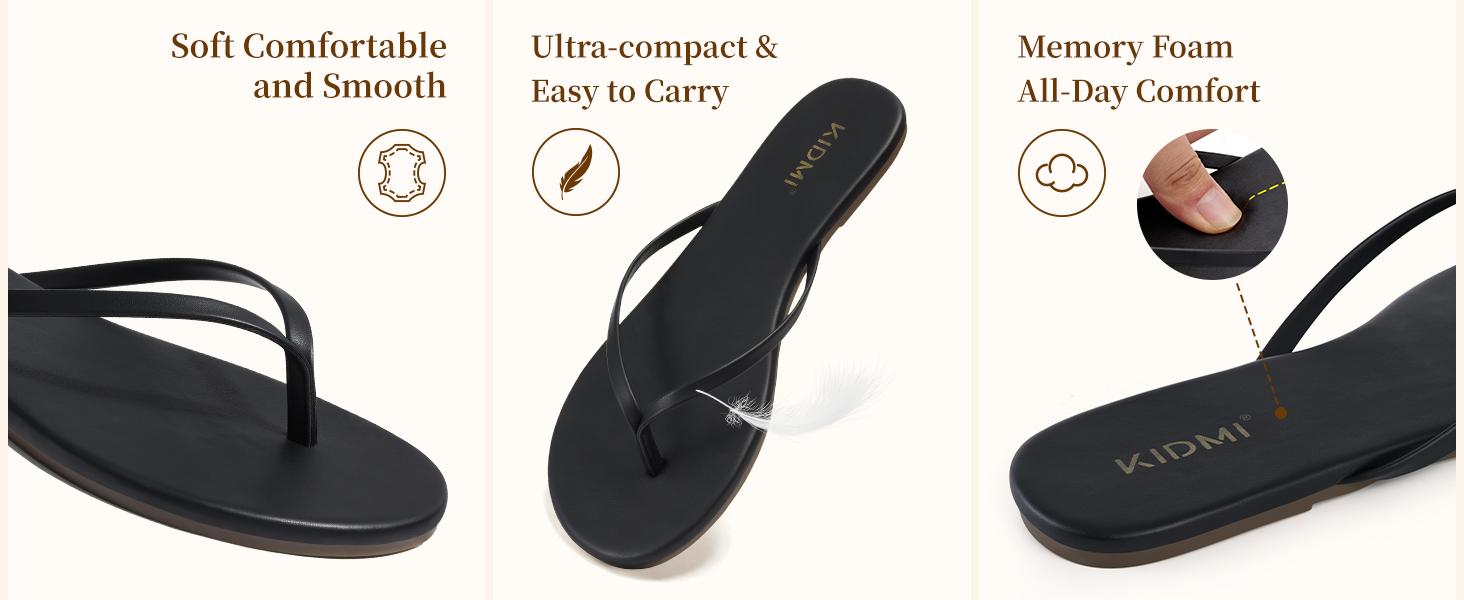 KIDMI Flip Flops for Women Summer Women's Memory Foam Comfortable Flat Thong Sandals Vegan Leather Flat Sandals Non-Slip Beach Essentials Flats for Women Sandals
