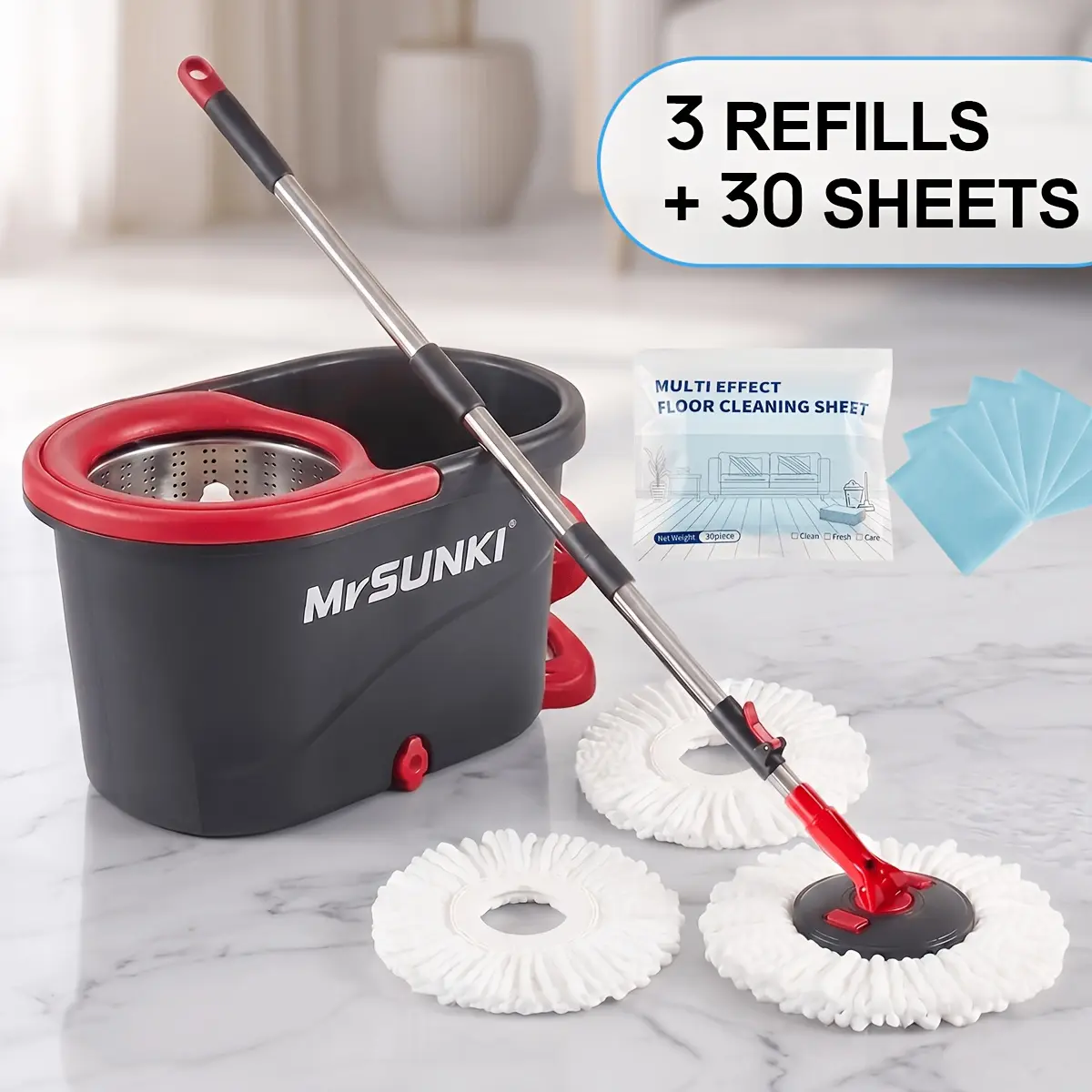 This Foot-Operated, Fully Automatic Mop Bucket Set Includes a 360° Rotating Mop Bucket, 3 Highly Absorbent Microfiber Replacement Mop Heads, an Adjustable Stainless Steel Mop Handle, And 30 Floor Cleaning Pads