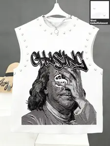 Men's Summer Glitter Sleeveless Vest, Chasing Franklin Print, Round Neck, Soft Breathable Fabric, Hip Hop Street Style, Casual Wear