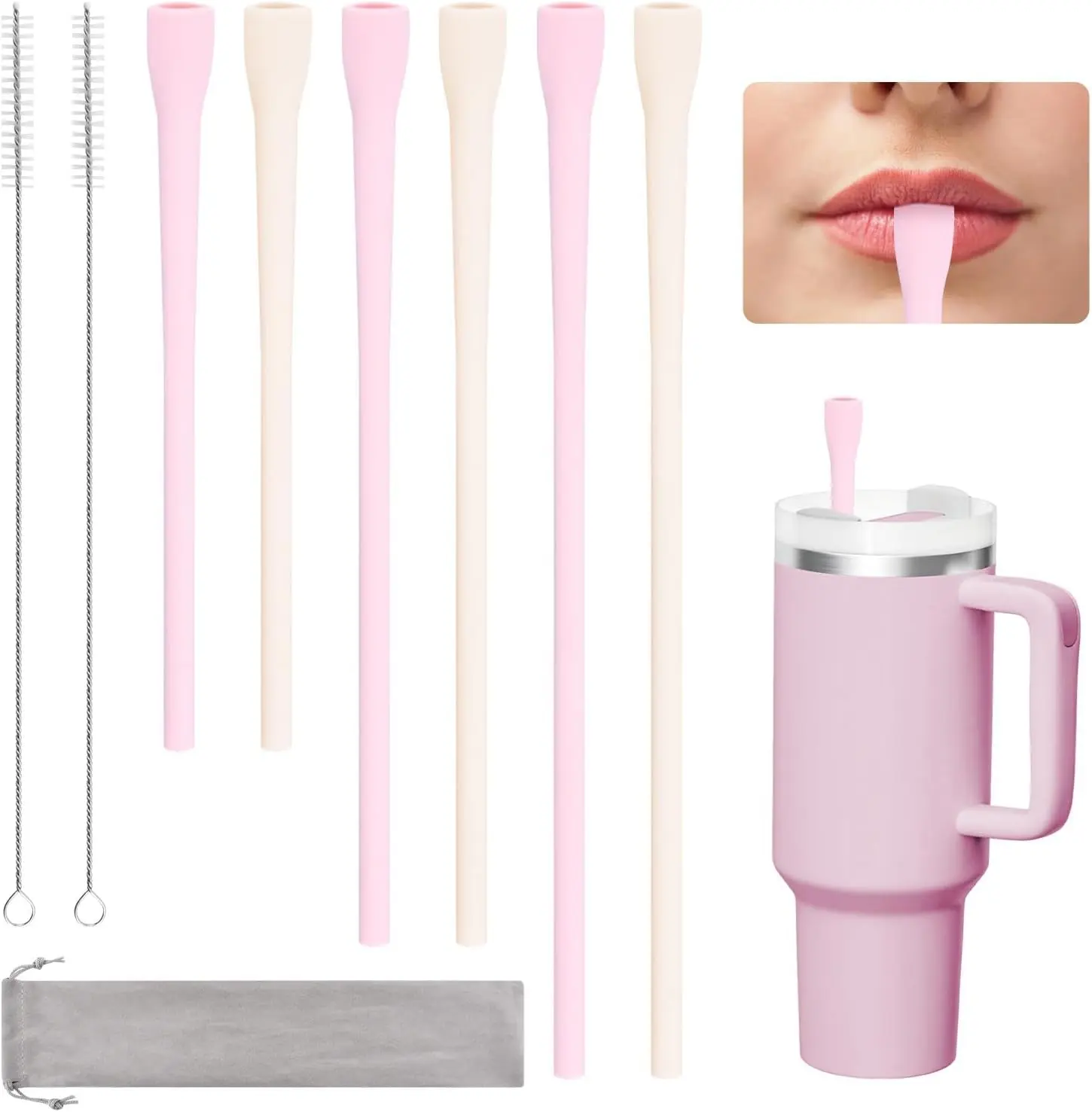 6 Pcs Anti Wrinkle Straw, Flat Wide Drinking Straw Compatible with Stanley 40 oz & 30 oz, Reusable Flexible Wrinkle Long Drinking Straws with Cleaner Brush, Perfect for Lip Filler