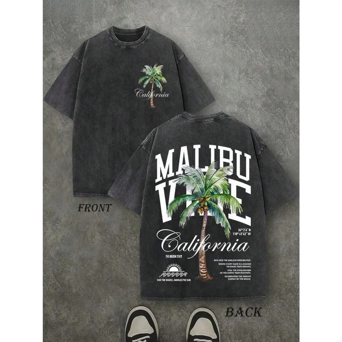 Plus-Size Men's Palm Tree Graphic T-Shirts, West Coast Resort Style Graphic T-Shirts, Washed Vintage T-Shirts, Oversized Men's T-Shirts, 230g 100% Cotton, Unisex Tops.