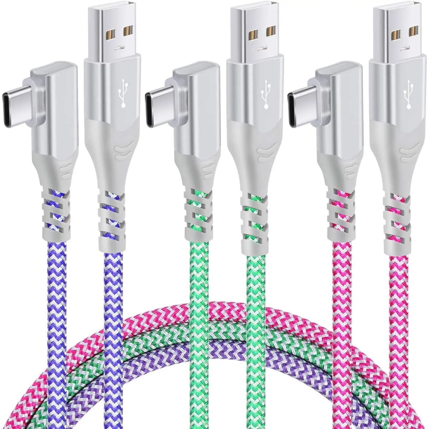 3-Pack Durable Nylon Braided USB-A to USB-C Cellphone Charger Cable - 6.6FT 3.1A Safe, 90° Right-Angled Type C Plug, 10000+ Plug Test, Aluminium Reinforced, Fast Charging for iPhone 16/15 Pro Max Plus, Samsung Galaxy S25/A15-A55 Electronic Devices