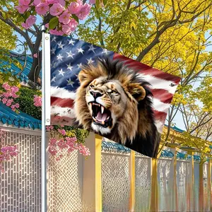 This flag features a lion with a brown and black mane on the front and the American flag on the background.It is suitable for celebratory banners, outdoor decorations, and wall displays.