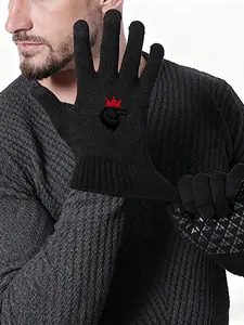 Black Knit Gloves with Red Crowned Raven Print NonSlip Grip Design Winter Outdoor Sports Gloves for Men and Women Perfect for Cold Weather Activities Including Skiing Hiking and Driving Ideal Gift for Christmas New Year Thanksgiving and Holiday Seasons