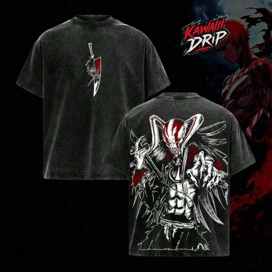 Ichigo Hollow Form Bleach Anime Shirt, Vintage Washed Oversized Graphic Tee, Vasto Lorde Mask Art, Kurosaki Ichigo Transformation T-Shirt, Unisex Streetwear Anime Merch Gift For Bleach Fans