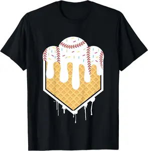 Baseball Drip For Boys Home Plate Ice Cream Drip Unisex T-Shirt Cotton Menswear Man Classic Soft