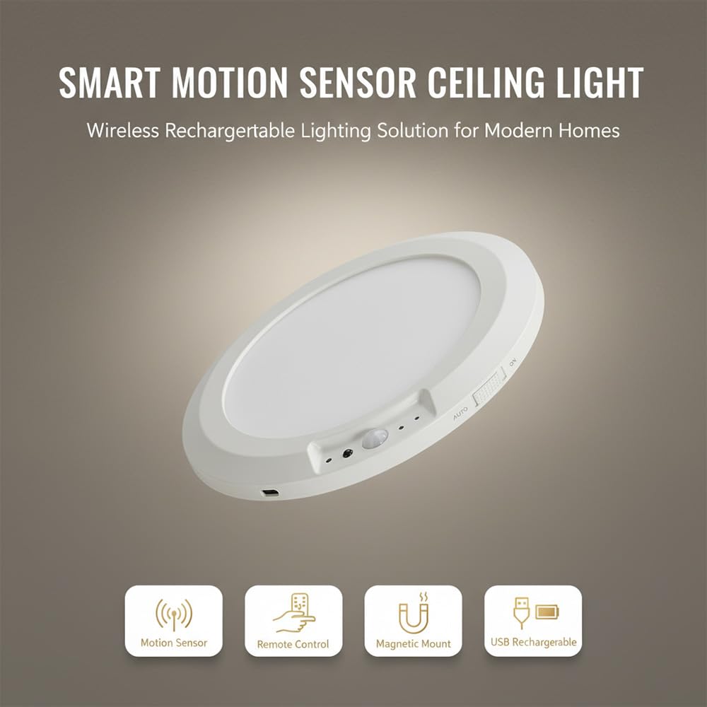 Rechargeable Ceiling Light with Remote, Motion Sensor Ceiling Light Magnetic Battery Operated, 3 Color Temps Dimmable Battery Powered Closet Light for Hallway Stairs Shed Garage, No Wiring