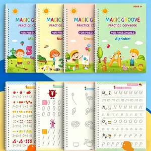 Magic Handwriting Practice Books Set for Kids - 4 Reusable Grooved Letter Tracing Books with Cartoon Pen, Pen Holding Aid & 10 Refills Student Essentials