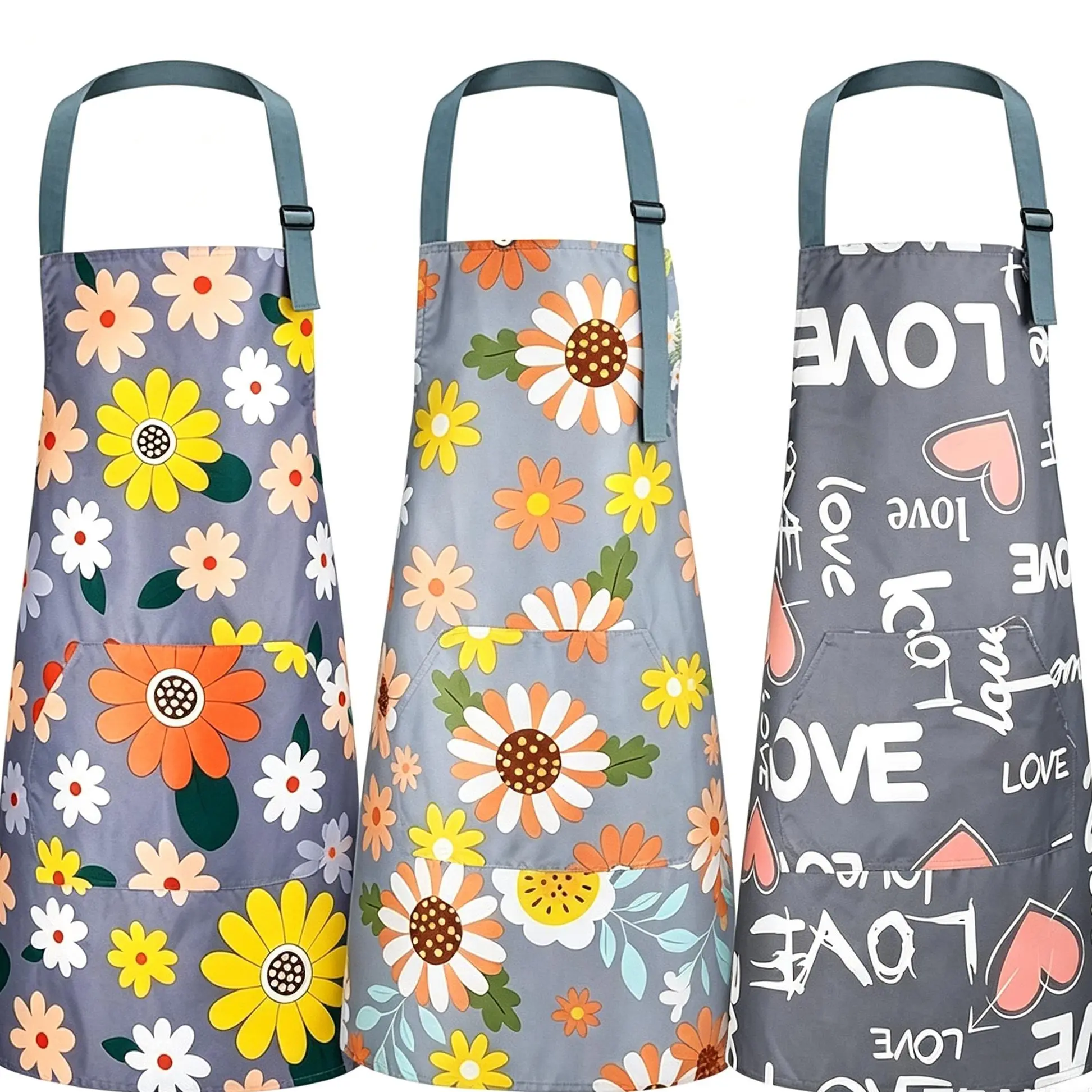 3 Pack Waterproof Aprons for Women, Floral Kitchen Cooking Aprons with Pockets, Adjustable Oil-Proof Garden Aprons for Baking, Painting, Cleaning, Cute Gift Set(weeklydeals)