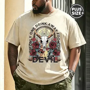 Plus Size Men's Western Bull Skull "One Drink Away From The Devil" Washed Tee | Cowboy Streetwear Shirt,Desert Western Plus Size Top