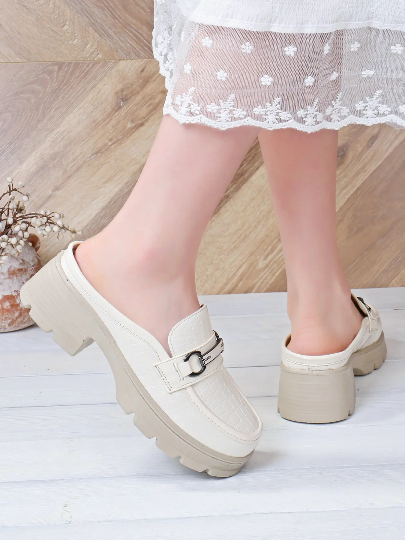 Women's Thick Sole Mules, Lightweight Comfortable Design, Marble Pattern, PU Leather, All Seasons, Casual Office Travel Shoes