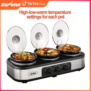 Sunvivi Triple Slow Cooker, Buffet Server & Warmer with 3*1.5QT Removable Ceramic Pots, 3 Adjustable Temp Settings & 3 Metal Lid Rests, total 4.5 QT