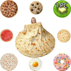 Creative Food Flannel Blanket, Soft Comfortable Round Rug, Pizza, Omelette, Kiwi Fruit, Cookies, Donut, Watermelon, Sausage Pizza, Tortilla