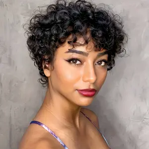 Fashionable New Brazilian Virgin Human Hair Pixie Cut Wig with Bangs - 180% Density Short Curly Bob, Glueless Rose Net Cap for Secure Fit, Natural Look for Daily Use, Cosplay & Parties, Comfort& Easy to Wear, Beginner-Friendly Unisex Wig, Short Hair Wig,