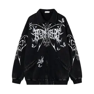 Men's Vintage Washed Tie-Dye Butterfly Collar Jacket, Casual Fashion Outerwear, Trendy Street Style Coat for All Seasons