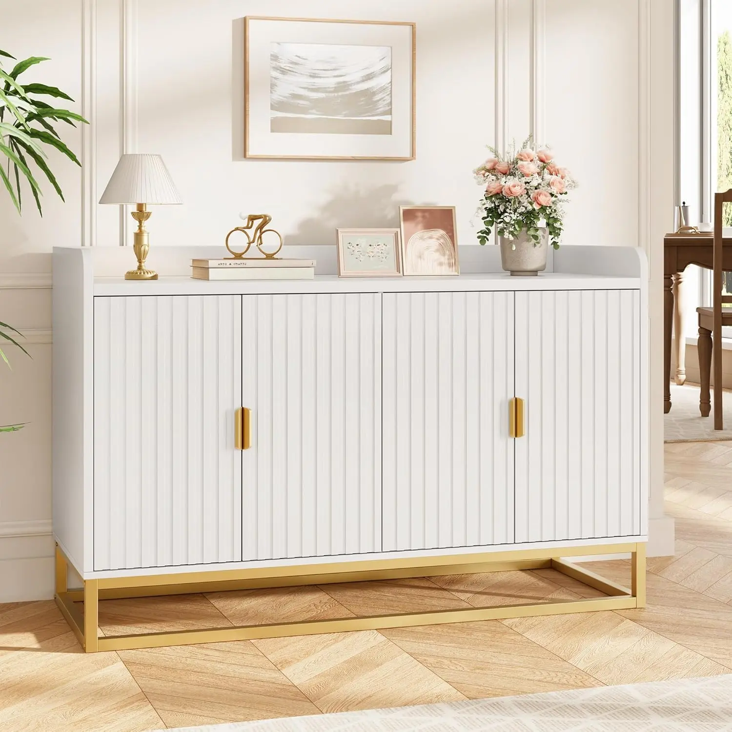 47.2" Buffet Cabinet with Storage, Modern Accent Sideboard with 4 Doors, Fluted Credenza for Living Room, Kitchen, Dining Room & Hallway,White