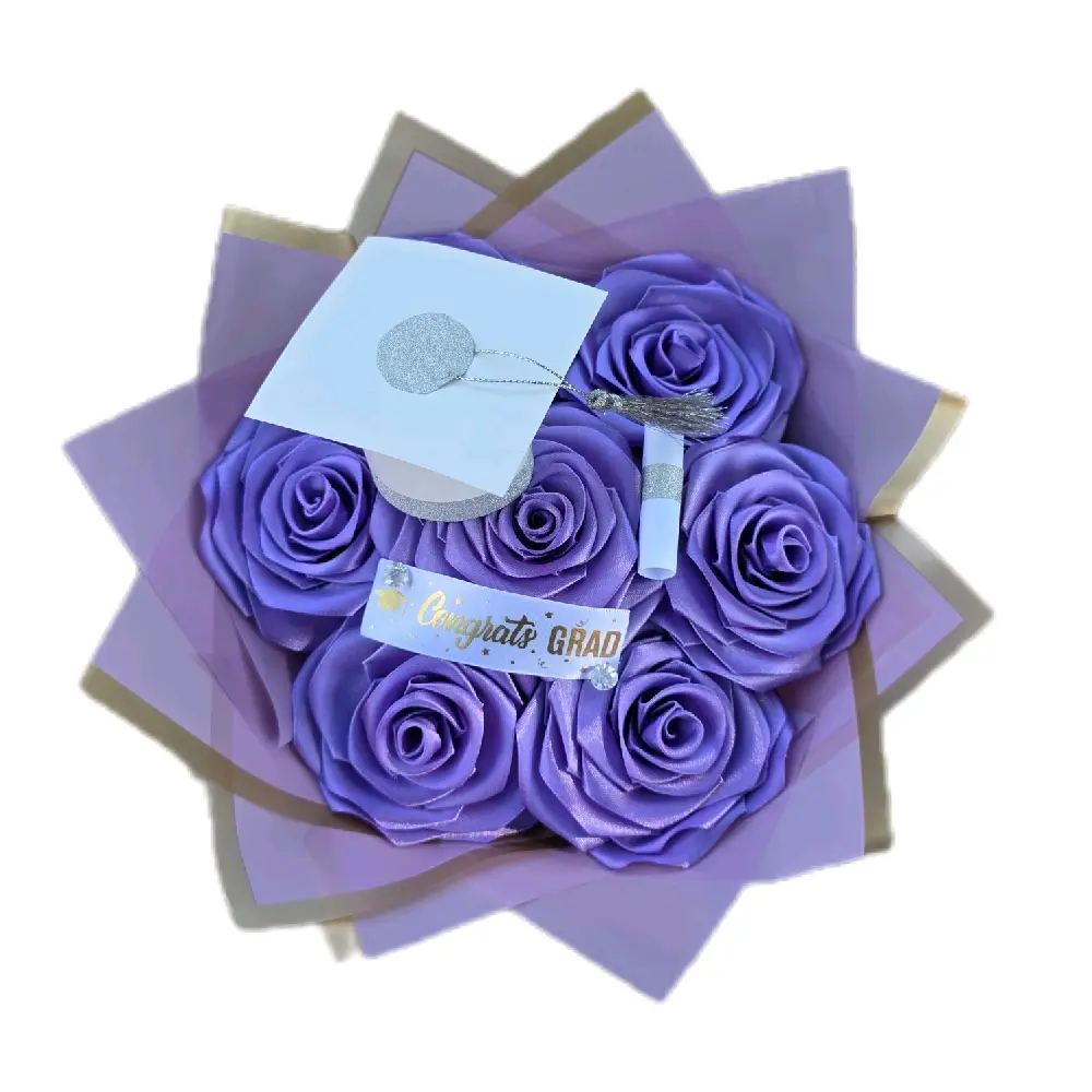 Purple Roses. Graduation Bouquet with "Congrats Grad" Tag and Graduation Cap Accent Perfect for Celebrating Academic Achievements