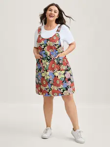 BLOOMCHIC Floral Print Textured Overall Straps Dress - Sleeveless Round Neck Short Length Casual Women's Wear with Pocket Fit Womenswear Suits Fitted Multicolor