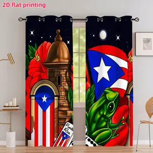 2D Flat 2Pcs Puerto Rico National Flag and Garita del Morro Printed Curtains, Window Drapes, Interior Decoration Accessories, Hibiscus Flower Coqui Frog Design, Grommet Top Window Treatment, Sunshade Privacy Protection for Living Room Bedroom Home Decor