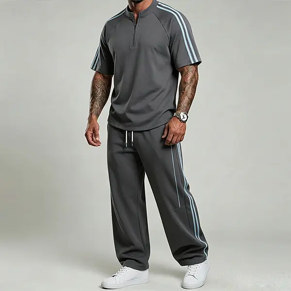 Men’s set featuring panel construction with side stripe design; casual loose short-sleeve top and long pants with an elastic waistband, suitable for gym workouts and everyday wear—casual sportswear.