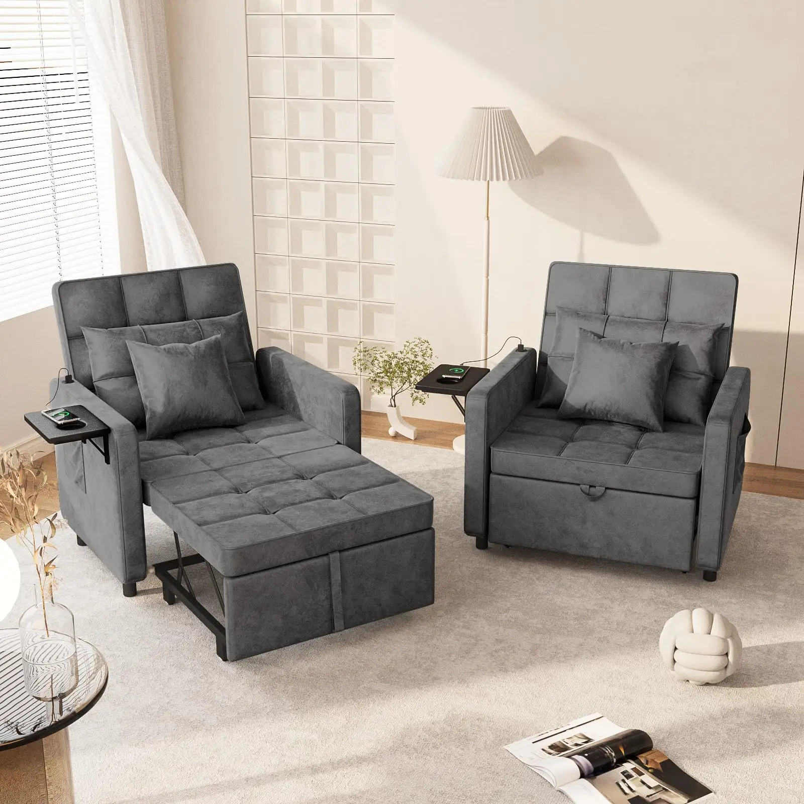 Vabches Sofa Bed Chair with Wing Table and USB Ports Outlet, 3-in-1 Sofa Chair Bed with Two Pillows, Velvet Sleeper Chair with Adjustable Backrest, Ea