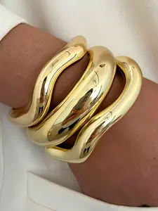 Vintage Elegant Bohemian Style Ccb Material Light Weight Round Wave Open Stackable Layered Bracelet Set for Women, Daily Party Dating Vacation Wear