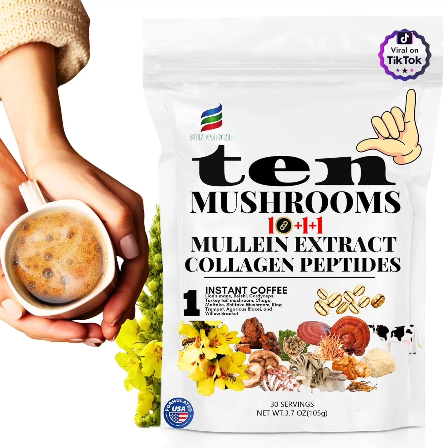 SUNDAFONE Protein Iced Mushroom Coffee with Collagen, 0g Sugar, 30 Servings | Grass-fed collagen with mullein, lion's mane, reishi and 10 adaptogenic mushrooms; low caffeine instant cold brew blend