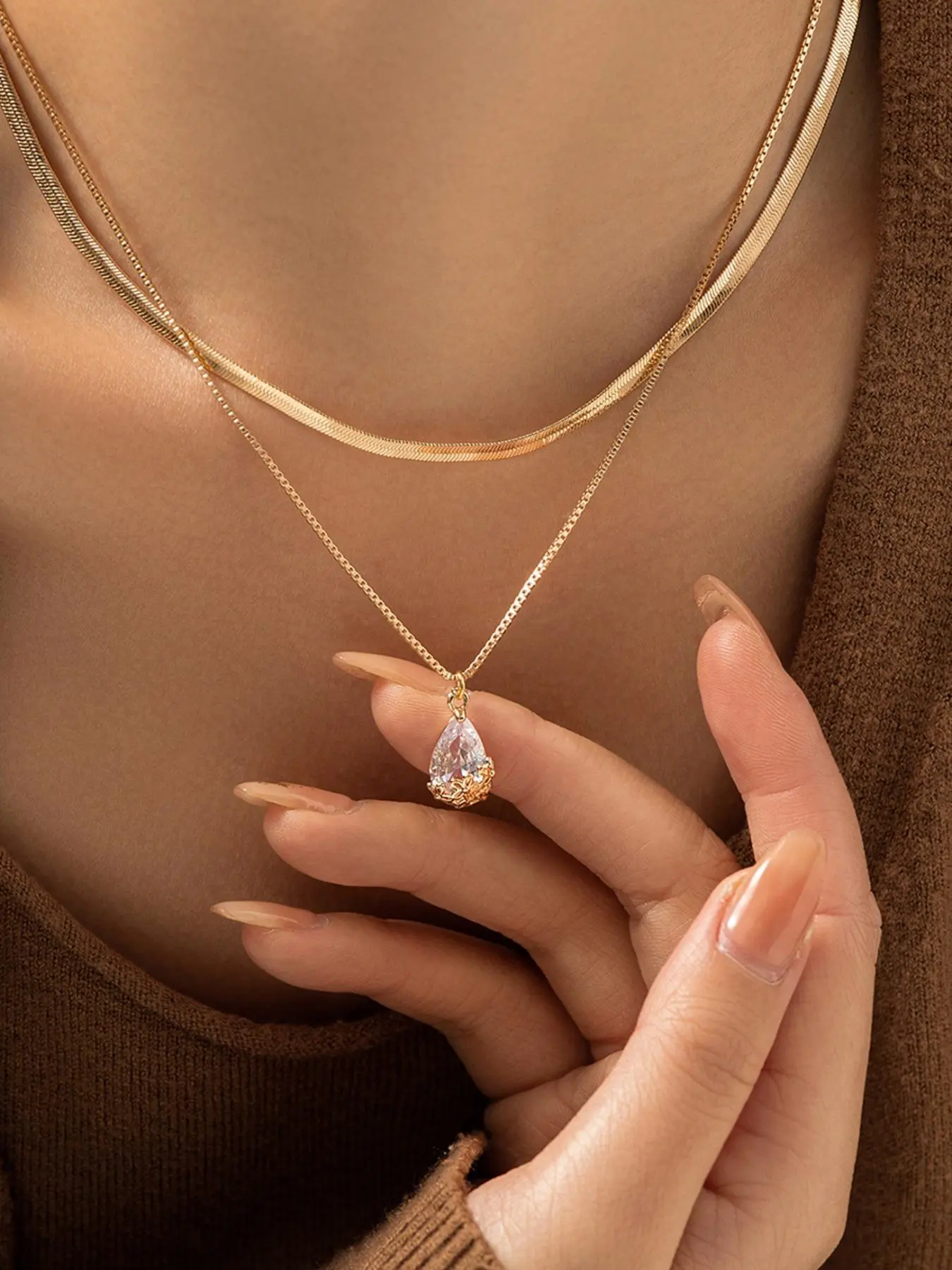 2pcs Women's Elegant Rhinestone Decorated Pendant Necklace, Sparkling Zirconia Cz Prong Necklace, Fashion Elegant Prom Jewelry for Party, Daily Clothing Decor, Trendy All-match & Exquisite Jewelry for Birthday Gift