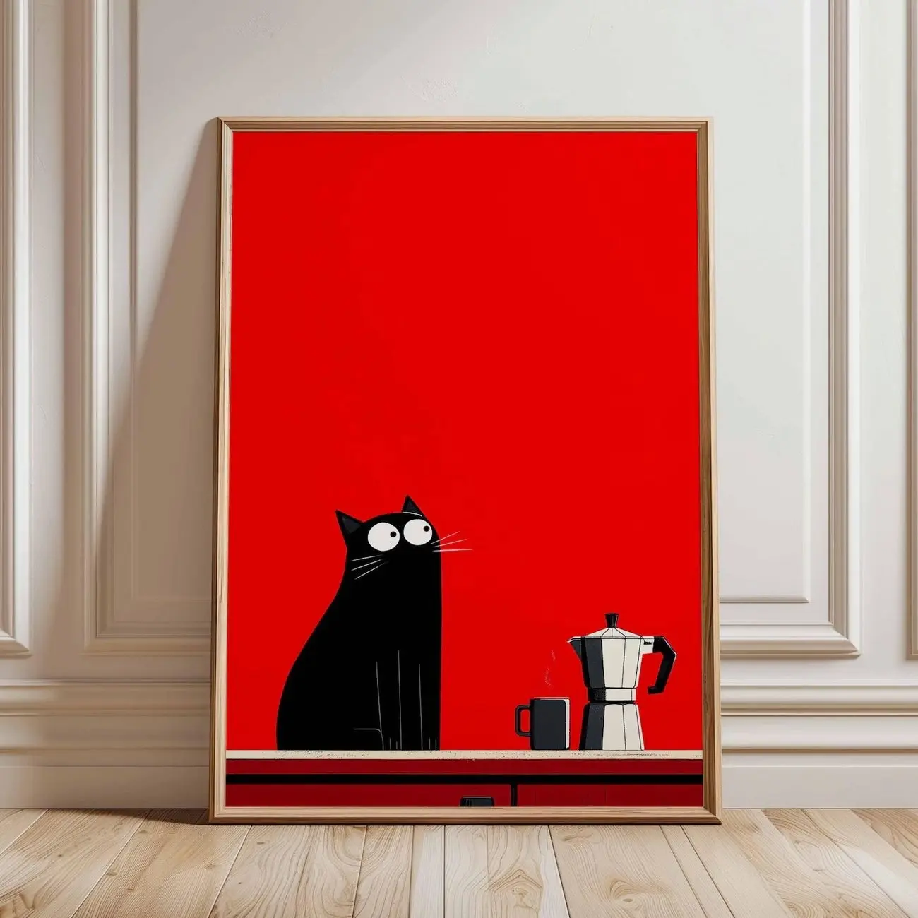 Black Cat Coffee Poster Red Kitchen Wall Art Moka Pot Minimalist Print S