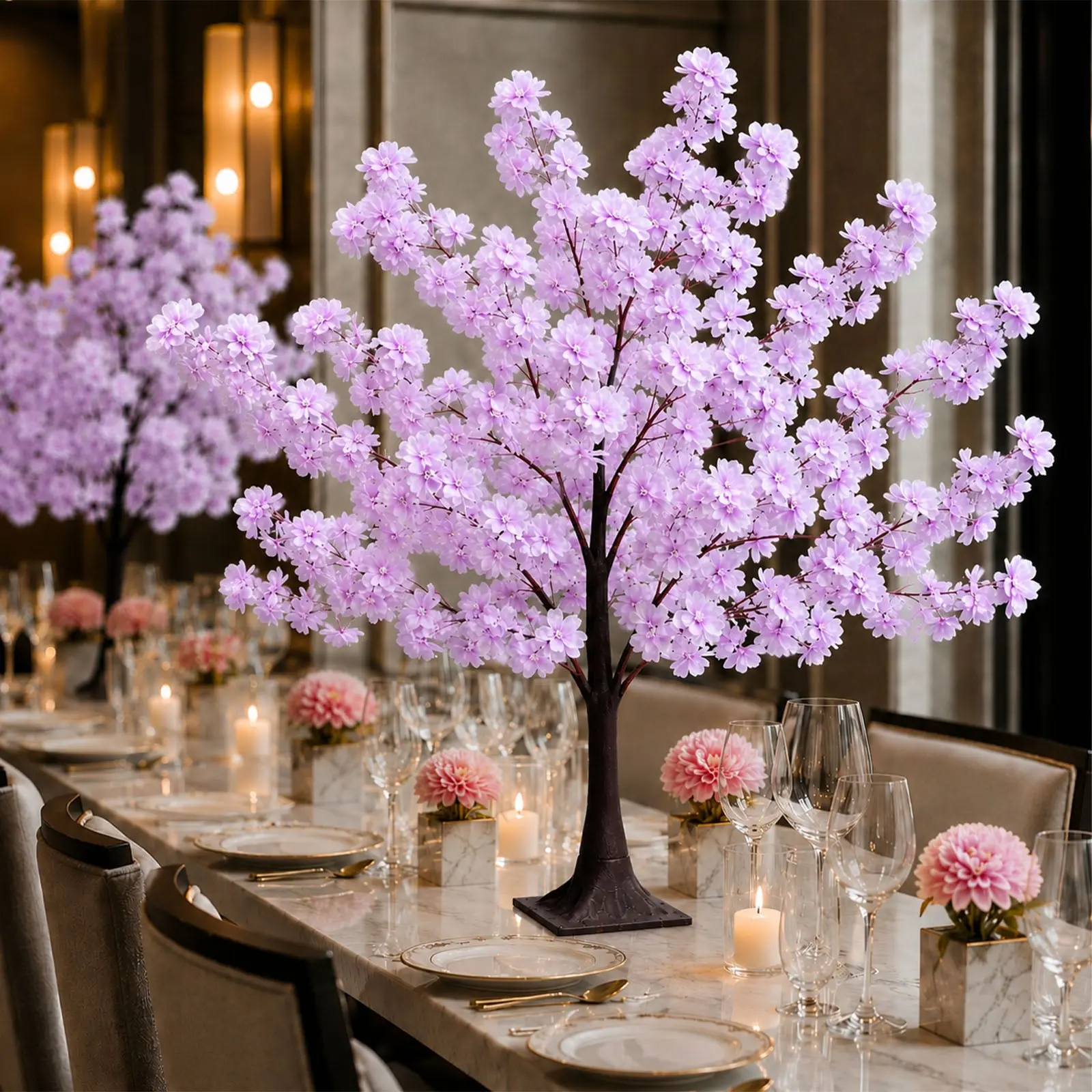 Silk Cherry Blossom Tree Centerpiece 3ft Lavender Lilac – Lifelike Artificial Sakura Wishing Tree with Metal Base