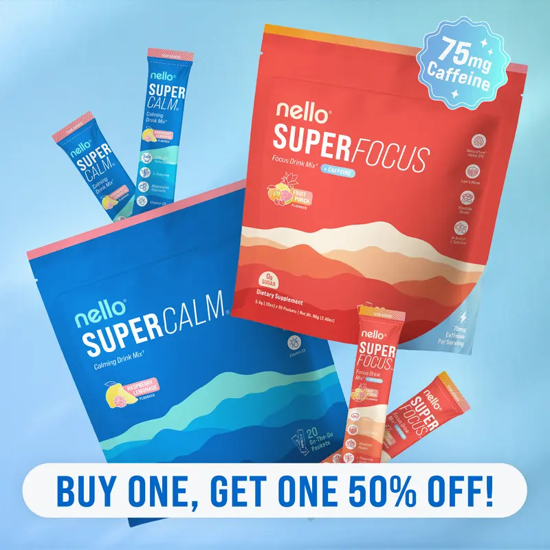 Nello Black Friday Focus & Calm Super Bundle: 1 Supercalm Travel Packets (20ct) + 1 Superfocus Travel Packets (Caffeinated or Caffeine-Free, 20ct):  Your Exclusive BFCM Duo for Clarity, Productivity & Relaxation.