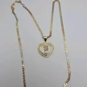 15th Year's Beautiful Heart with Rose Necklace - Tri-Color Design Featuring Number 15 Charm