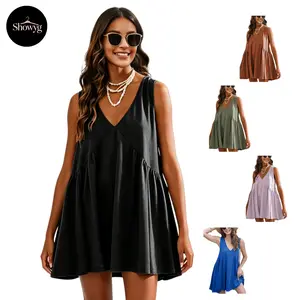 Showyg Women's Oversized V-Neck Sleeveless Pleated Mini Cotton Sundress - Casual Wear Clothes for Summer Beach Vacation, 95% Cotton 5% Spandex, Flowy Loose Cover Up Loungewear