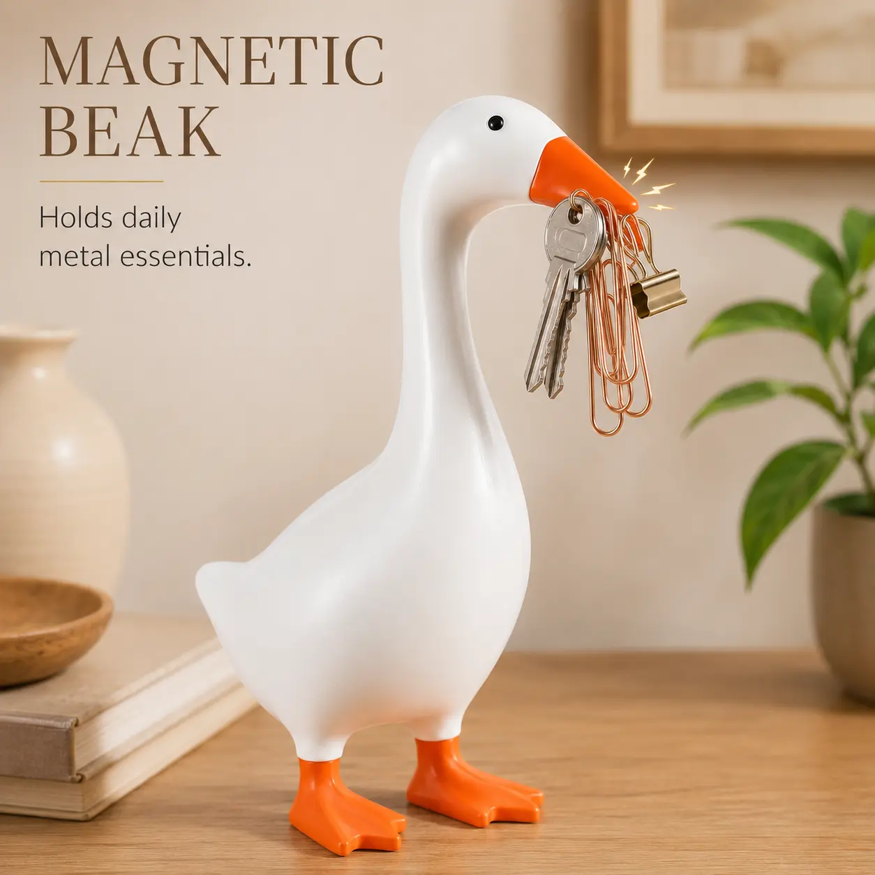 -Inch Resin Goose Desk Statue with Magnetic Beak Funny Desktop Figurine Key Holder Cute Home Office Decor Housewarming Ornament Holiday Gift Decorative Accessory, House Decor, Whimsical Room Decor