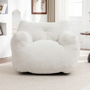 37*35*31.1 Inch White Teddy Bean Bag Chair with Armrests, High Density Memory Foam Pre-Filled Lazy Sofa, Non-Slip Removable Cover Comfy BeanBag Chair for Adults Kids Living Room Bedroom Office