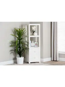 Bali & Pari 193271487905 Xavier Grass cloth Tall Storage Cabinet - Woven Accent Displaying Tower Bookcase with Open Shelves & Drawers, Space-Saving Organizer - White & Gold