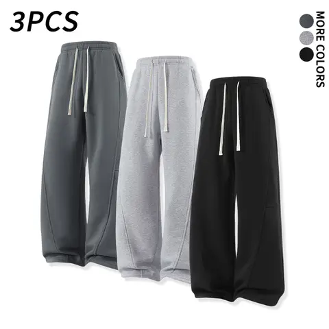 SPEEALER Men's 3-Pack Polyester Sweatpants - Loose Wide-Leg, Elastic Drawstring Waist, Stitched Detailing, Long-Length Street Style Casual Pants for Autumn-Winter Daily Wear, Men's Sweatpants