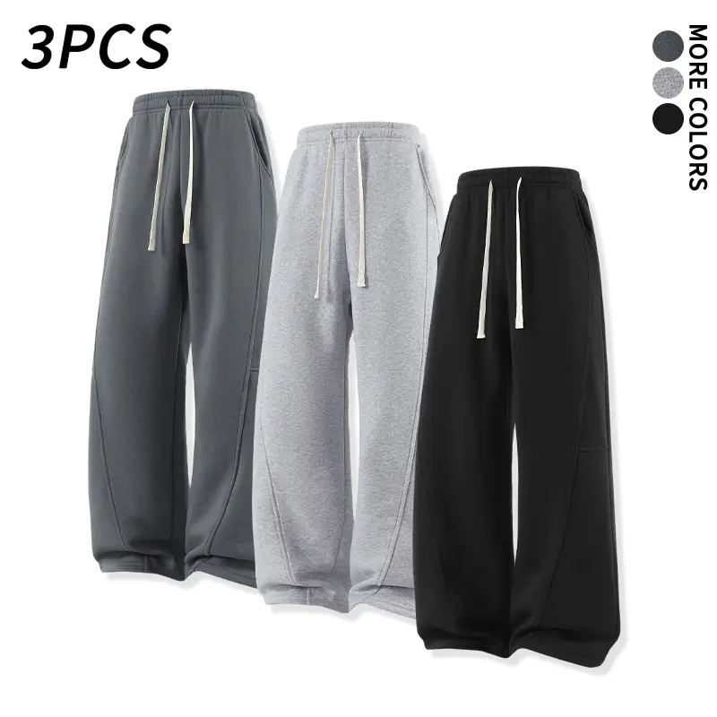 3 pcs men’s athletic sweatpants in multiple colors, loose wide leg fit with stitched detailing, elastic drawstring waistband, relaxed street style casual long pants for autumn/winter everyday wear