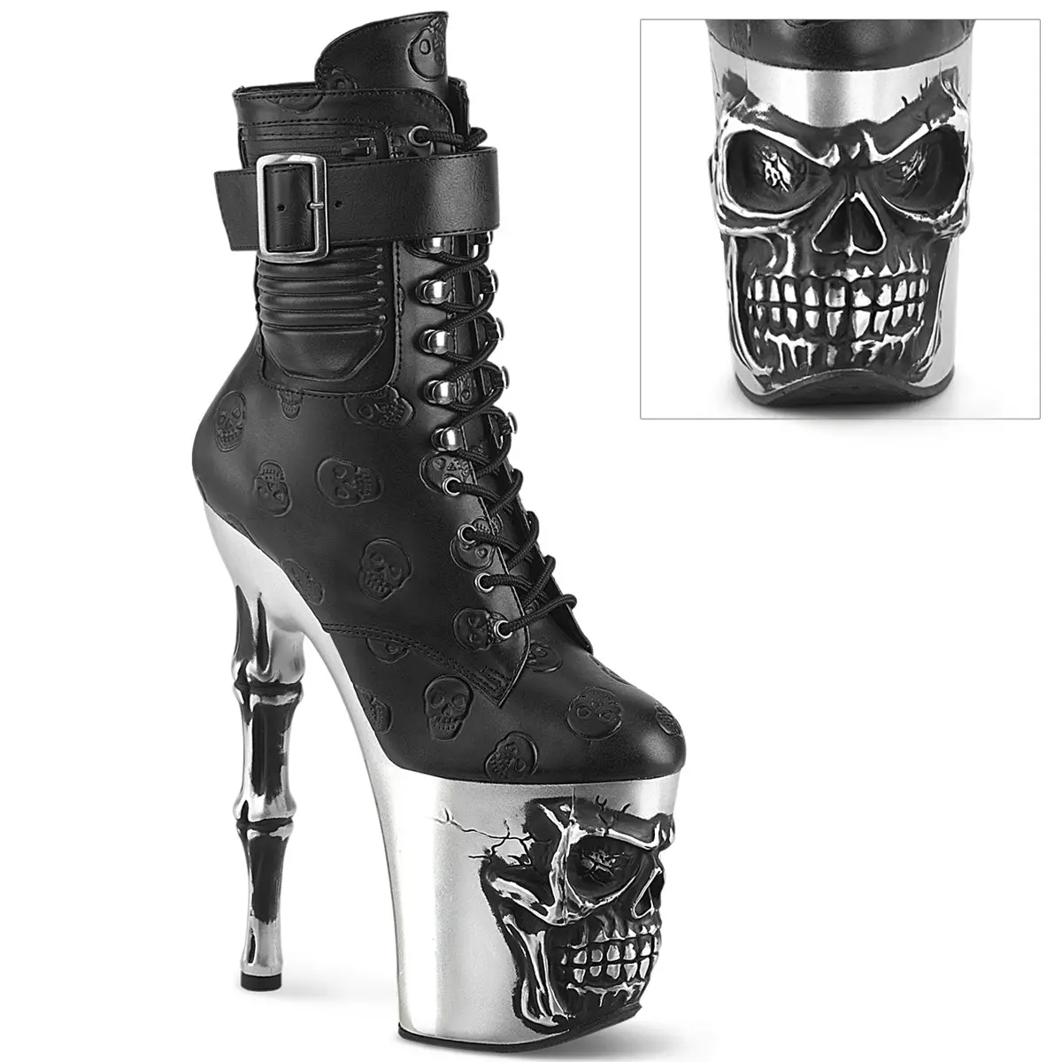Women's 8-Inch Heel Lace Boot - RAPTURE-1020STR-02 Black Skull Sculpted Platform High Heel Shoe, High Heels