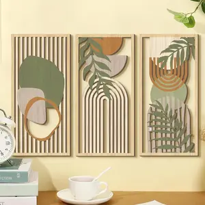 Nordic Modern Wood Rectangular Wall Art Decor, Abstract Leaf Cutout Geometric Pattern, Living Room Bedroom Home Decoration DIY Stick-On