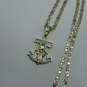 Santa Muerte Anchor Pendant Gold Plated with Chain Tricolor Religious Jewelry Charms Necklace
