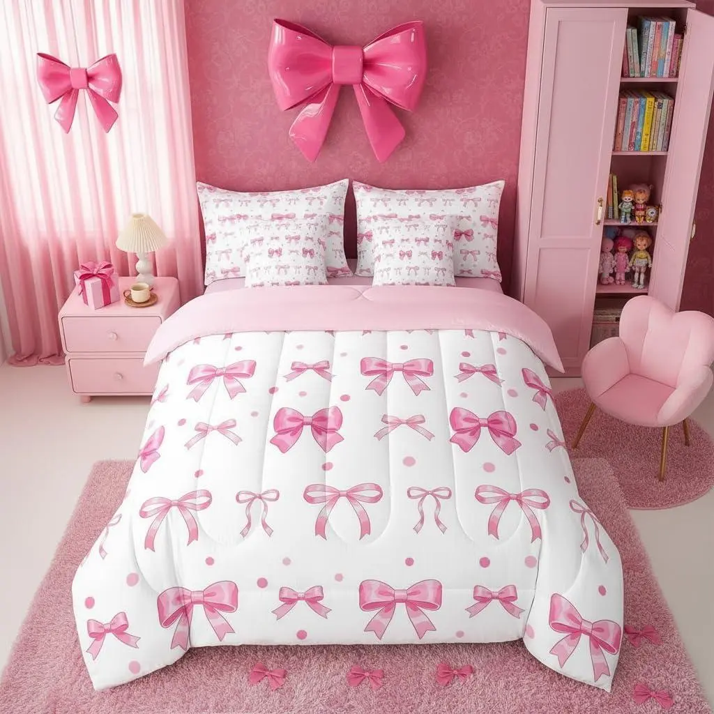 Feelyou 7-Piece Pink Bowknot Bed Comforter Set - Breathable Luxury Bedding with Quilt, Bedsheets, Girly Bag, Soft Comfy Blanket for Coquette Bedroom Cozy Setup, Thanksgiving, Valentine's Day, Halloween