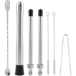 7PCS Straw Hole Puncher Set, 2pcs Straw Puncher for Lemonade Plastic Lids Cups, Cocktail Muddler, Mixing Rod Spoon, Ice Tweezers, 2pcs Brushes for Lemonade Stands Supplies